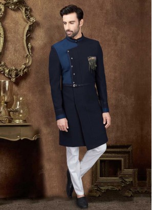 Nawabi Style Indo-Western In Navy Blue Color