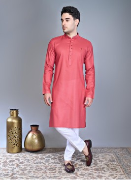 Neon Coral Cotton Silk Kurta Pajama