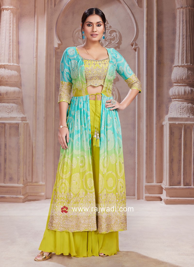 neon green palazzo suit with embroidered naira cut jacket 40763