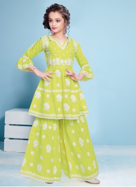 Neon Green Thread Embroidered Cotton Silk Readymade Salwar Kameez