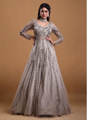 Net Designer Gown In Grey Color