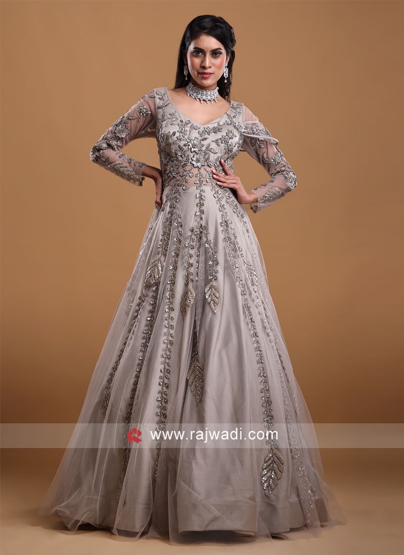 Net Designer Gown In Grey Color