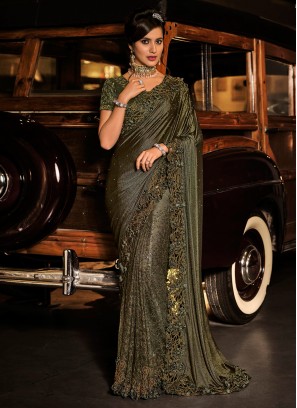 Net Designer Saree in Dark Olive Green