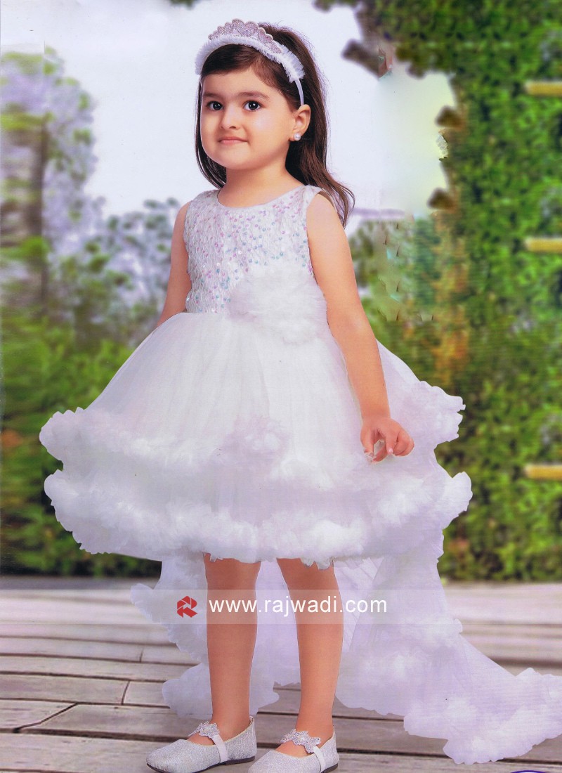Net Designer Tail Gown In White Color