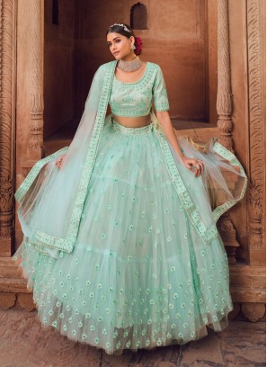 Net Embroidered Lehenga Choli In Sky Blue Color