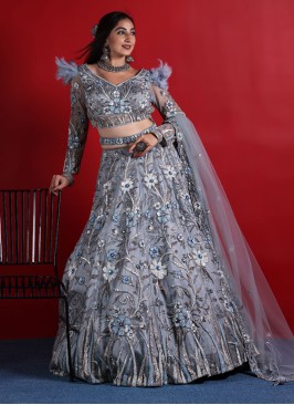 Net Fabric Embroidery Lehenga Choli In Grey Color