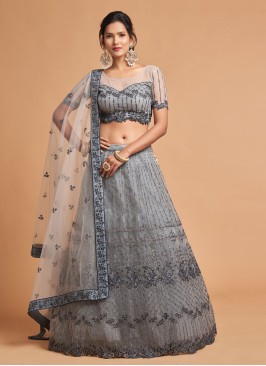 Net Fabric Lehenga Choli In Grey Color
