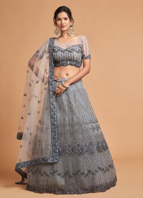 Net Fabric Lehenga Choli In Grey Color