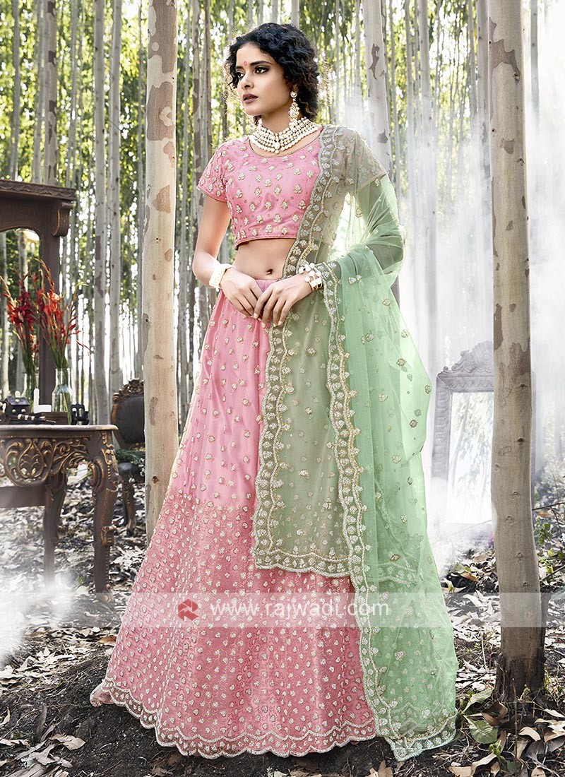 Georgette Floral Printed Pink Lehenga Choli with Sequins Embroidery and  Fancy Neck Style Dupatta | Exotic India Art