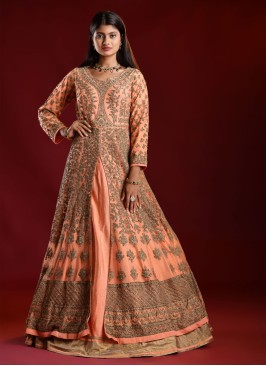 Net Peach Color Heavy Embroidered Gown