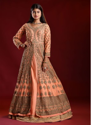Net Peach Color Heavy Embroidered Gown