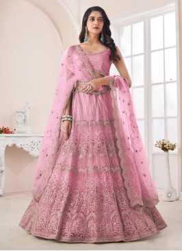 Attractive Pink Embroidered Lehenga Choli In Soft Net