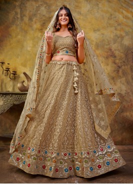 Attractive Dark Beige Lehenga Choli In Soft Net