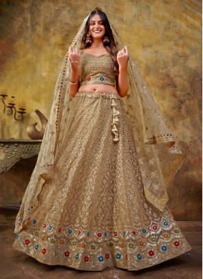 Attractive Dark Beige Lehenga Choli In Soft Net