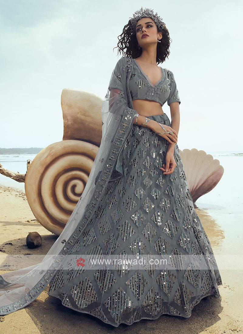 Grey Net Sequins Work Lehenga Choli With Net Embroidered Dupatta – Mehak  Boutique