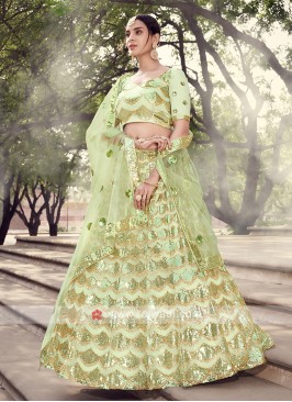 Sequins Work Pista Green Net Lehenga Choli