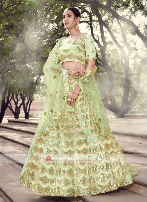 Sequins Work Pista Green Net Lehenga Choli