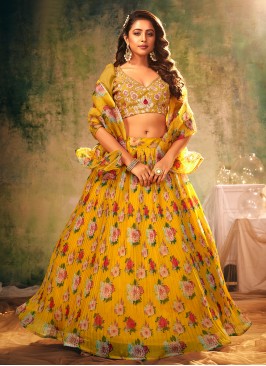 Net Yellow Embroidered Lehenga Choli