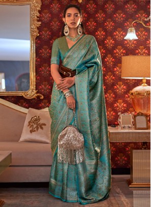 Weaving Work Classic Saree In Powder Blue