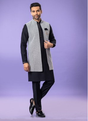 Off White And Black Mens Nehru Jacket Set