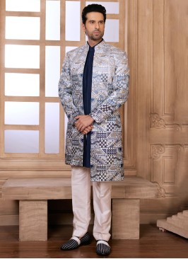 Off White And Blue Jacket Style Indowestern Set For Groom
