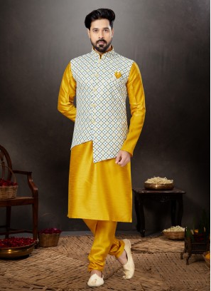 Off White And Mustard Yellow Designer Nehru Jacket Set