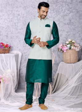 Off White And Rama Green Nehru Jacket Set