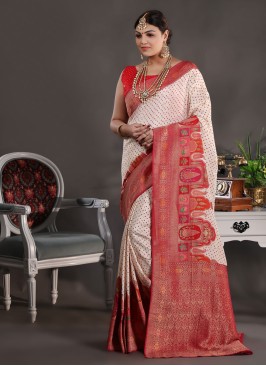 Beautiful Off White And Rani Banarasi Silk Saree