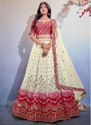 Off White and Red Chinon Sequins Embellished Lehenga Choli