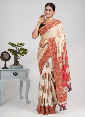 Off White and Red Embroidered Silk Saree