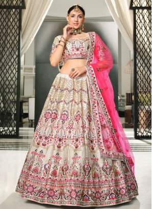 Off White A Line Silk Lehenga Choli with Pink Dupatta