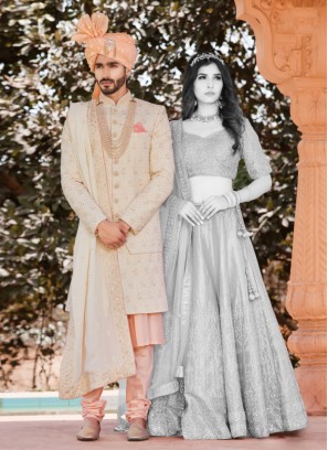 Off White Lucknowi Silk Wedding Sherwani