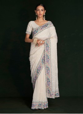 Off White Georgette Lucknowi Work Classic Saree