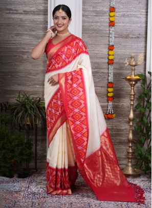 Off White Colored Designer Silk Saree