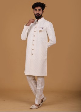 Off White Cotton Silk Indowestern For Men