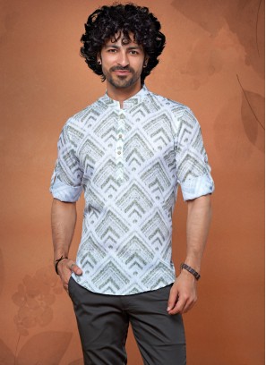 Off White Cotton Silk Kurta For Men