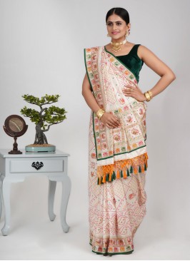 Off White Designer Embroidered Silk Saree