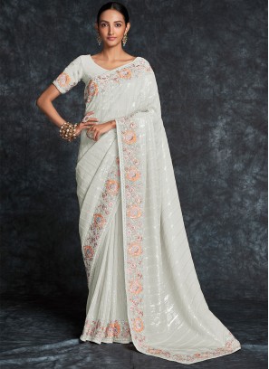 Off White Floral Embroidered Georgette Saree