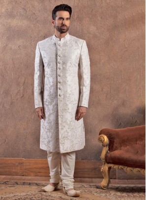 Off White Embroidered Groom Sherwani