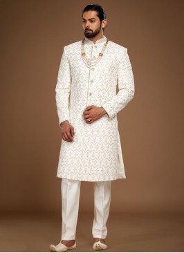 Off White Embroidered Sherwani Set In Silk