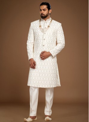 Off White Embroidered Sherwani Set In Silk