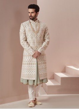 Off White Embroidered Silk Sherwani For Groom