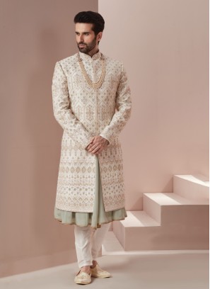 Off White Embroidered Silk Sherwani For Groom