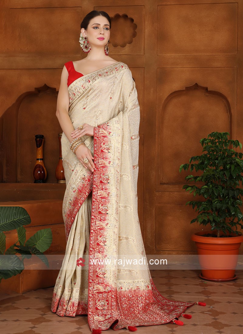 Pure White Banarasi Saree with Silver Zari Weaves | Mirra clothing