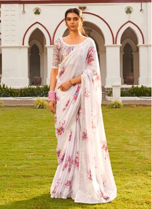 Off White Floral Printed Chiffon Saree