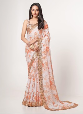 Off White Floral Printed Designer Saree