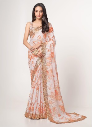 Off White Floral Printed Designer Saree