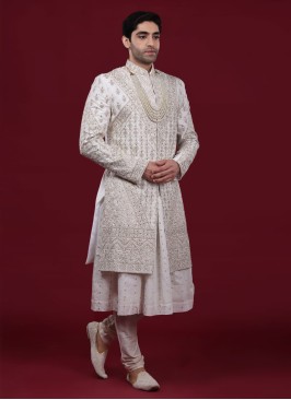 Off White Heavy Embroidered Anarkali Style Sherwani