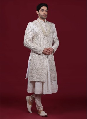 Off White Heavy Embroidered Anarkali Style Sherwani