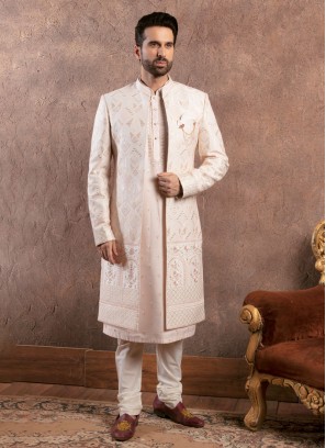 Off White Indowestern With Embroidered Jacket